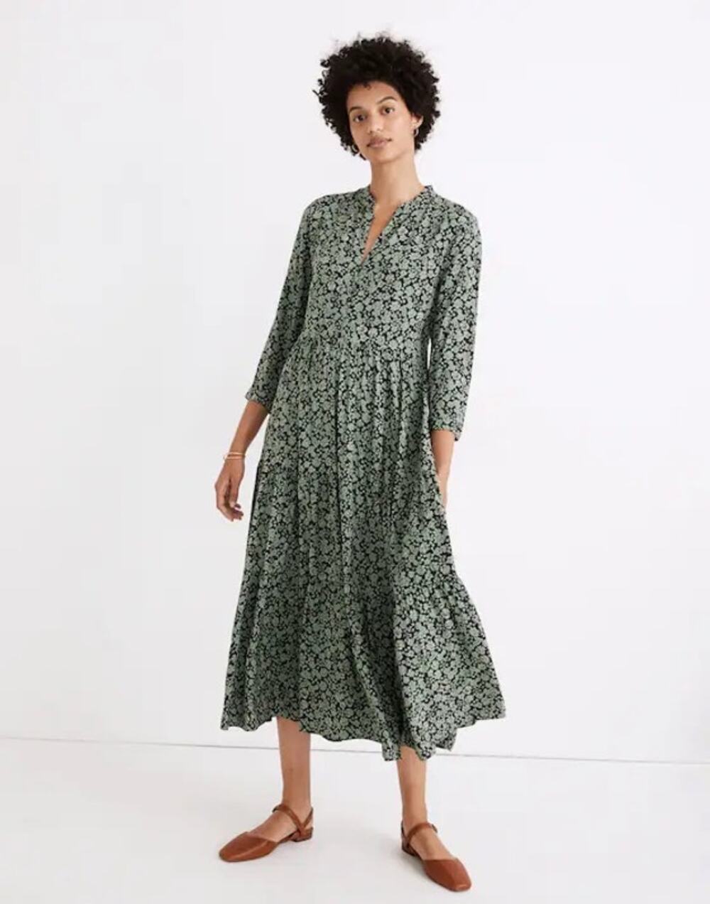 Madewell Fleur Field Button Front Tiered Midi Dress Pale Evergreen Floral Size L